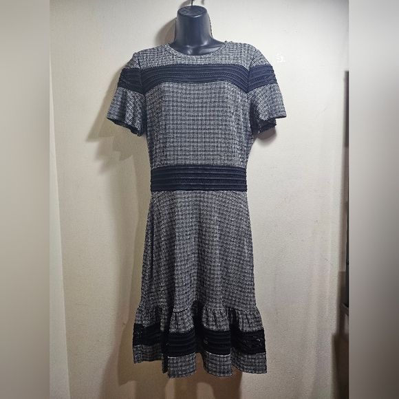 Michael Kors Houndstooth Short Sleeve Mesh Panel See Thru Midi Dress Medium - Picture 4 of 10